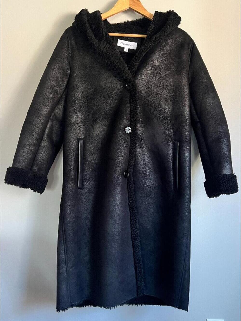 Calvin Klein Faux Shearling Hooded Coat Women's Large